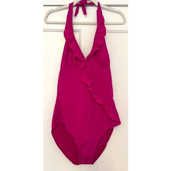 SPANX Love Your Assets Ruffle Halter Deep V One Piece Swim Size XL - Picture 2 of 6